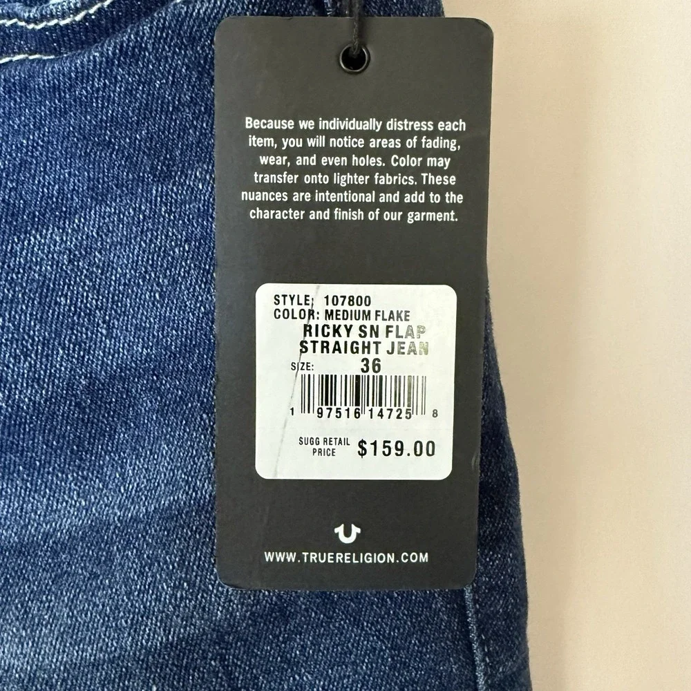 NWT True Religion Jeans Size 36x32 Ricky Flap Relaxed Straight Denim $159
